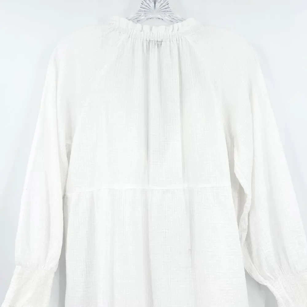 J.Crew Tiered Tunic Mini Dress White Cotton Gauze Ruffle Tassel Boho Beach Sz M